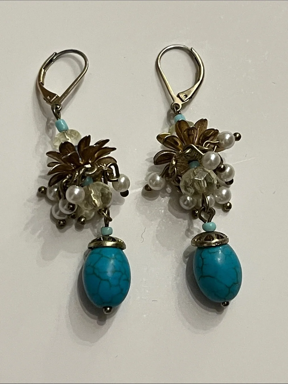 Talbots Turquoise Cluster Drop Earrings with Faux Pearls and Crystal Beads